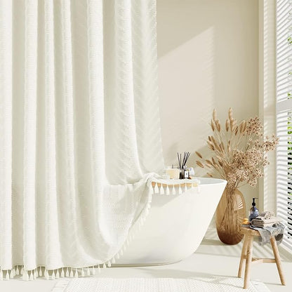 Stall Boho Farmhouse Shower Curtain Tufted Chevron 48"x72" Cream | 48 Inch Wide, Elegant Tassel, Lightweight Textured Fabric, Water Repellent, Washable, for Narrow Bathroom/Dorm 8 Hooks