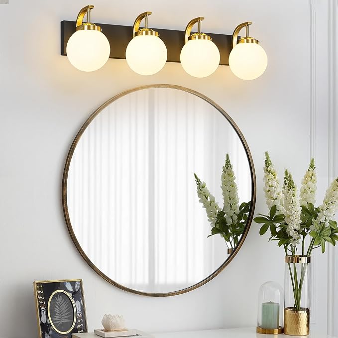 4-Light Bathroom Vanity Light Fixtures Sand Black Gold Vanity Lights Over Mirror Modern Wall Sconce with Milk White Glass Globe Lampshade for Lving Room Dining Room Corridor Powder Room