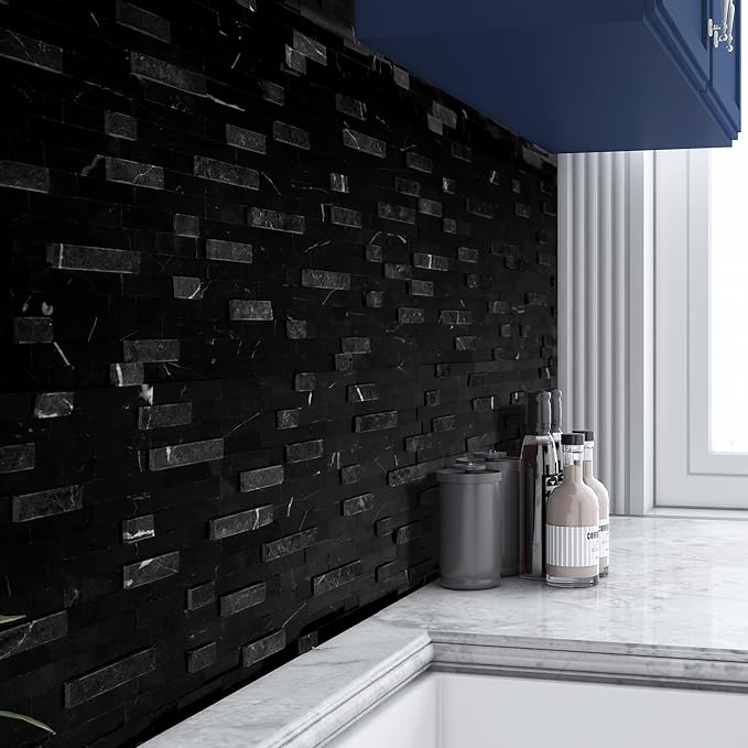 SUNWINGS 5-Sheet Peel and Stick Mosaic Natural 3D Stone Self Adhesive Marble Tiles, 11.5" x 10.7" Stick on Backsplash for Kitchen Bathroom Fireplace Vanity, Mixed Black