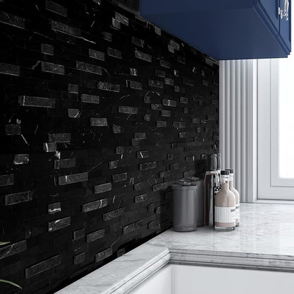 SUNWINGS 5-Sheet Peel and Stick Mosaic Natural 3D Stone Self Adhesive Marble Tiles, 11.5" x 10.7" Stick on Backsplash for Kitchen Bathroom Fireplace Vanity, Mixed Black