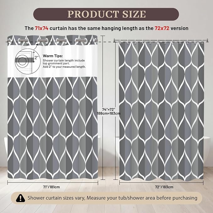 Gelbchu Dark Gray No Hook Shower Curtain with Snap-in Liner, 71 x 74 Inch | Built-In Hooks, Mesh Top Window, Water-Repellent, Machine Washable, Quick Drying, Premium Polyester, Hotel Style, Modern