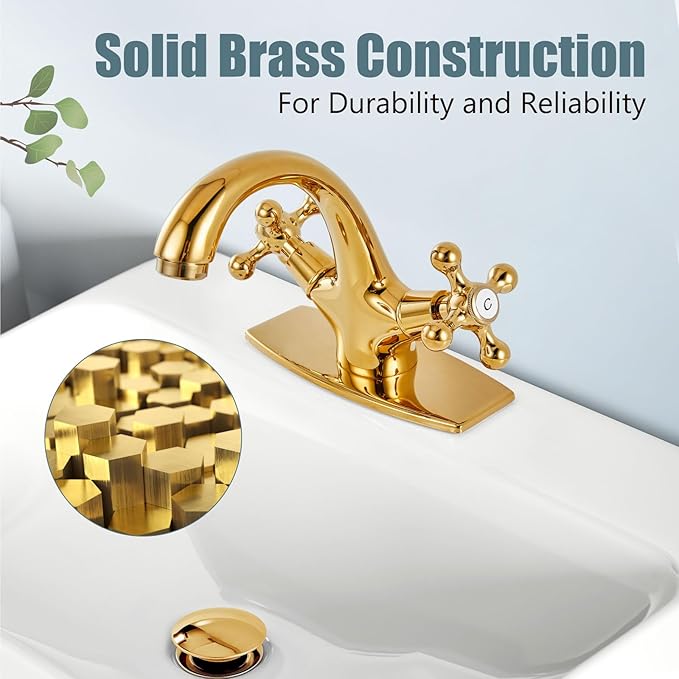 Aolemi Bathroom Sink Faucet Single Hole Cold and Hot Double Handle Cross Knobs Vanity Vessel Sink Basin Mixer Tap with Deck Cover Plate with Pop Up Drain Polish Gold