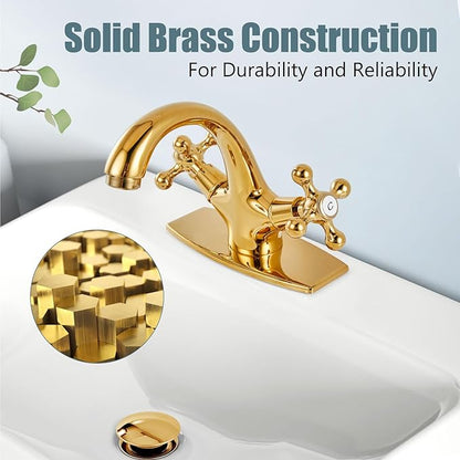 Aolemi Bathroom Sink Faucet Single Hole Cold and Hot Double Handle Cross Knobs Vanity Vessel Sink Basin Mixer Tap with Deck Cover Plate with Pop Up Drain Polish Gold