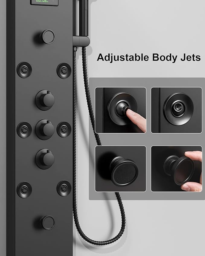 Homevacious 5 In 1 Shower Panel Tower System LED Rain Waterfall Shower Head and Adjustable Massage Body Jets 3 Settings Handheld Head and Tub Spout Stainless Steel Bathroom Panel Matte Black