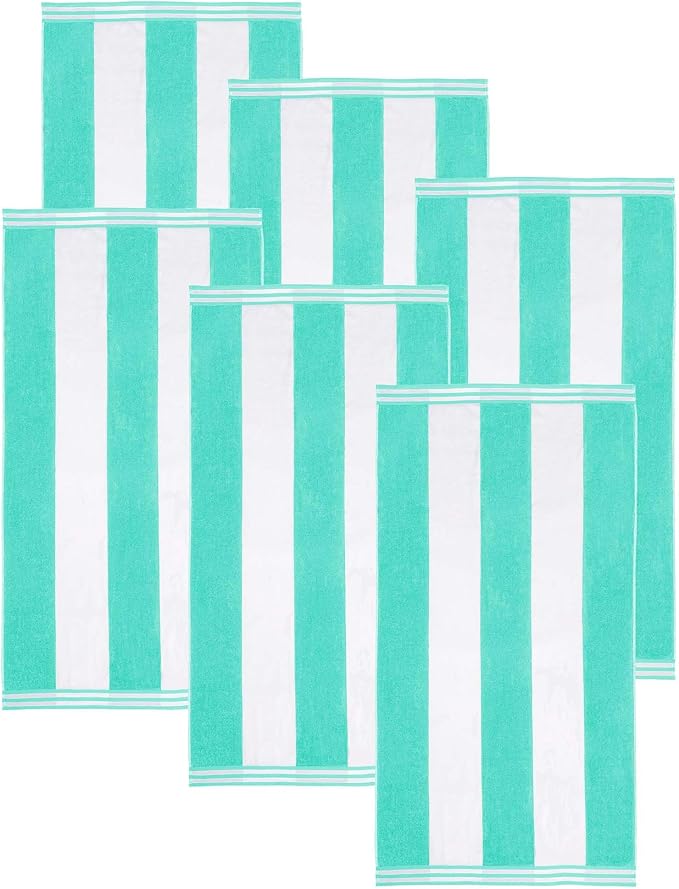 Superior Cotton Striped Beach Towels, Colorful Towels for Adult, Kid, Pool, Swimming, Sand, Travel, Large Oversized, Absorbent, Fast Drying, Bath Basics, Cabana Collection, Set of 6, Mint