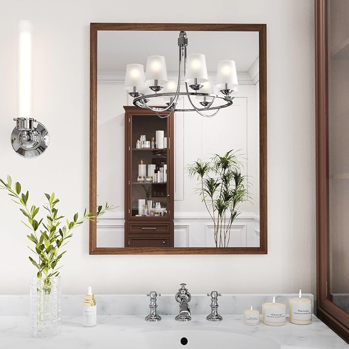 WEER Walnut Bathroom Mirror 22X30 Inch Rectangle | Walnut Wood Grain Framed, Tempered Glass, Anti-Rust, Wall Mounted, Hangs Vertically or Horizontally