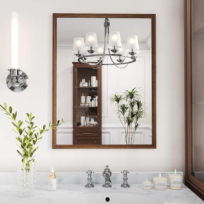 WEER Walnut Bathroom Mirror 22X30 Inch Rectangle | Walnut Wood Grain Framed, Tempered Glass, Anti-Rust, Wall Mounted, Hangs Vertically or Horizontally