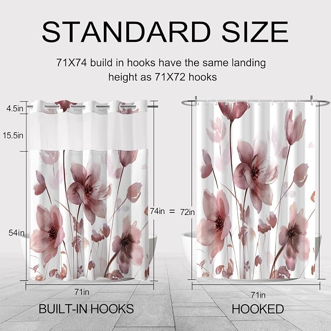 No Hook Shower Curtain and Liner Set, Red Boho Floral 71x74 | Watercolor Boho Flower, with Snap in Liner, Waterproof, Machine Washable, Quick-Drying, for Hotel Bathroom