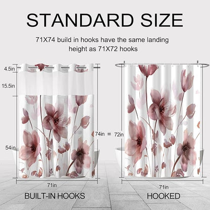 No Hook Shower Curtain and Liner Set, Red Boho Floral 71x74 | Watercolor Boho Flower, with Snap in Liner, Waterproof, Machine Washable, Quick-Drying, for Hotel Bathroom