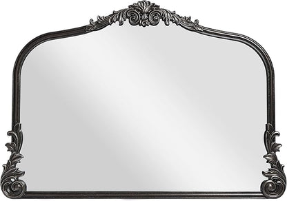 English Estate Carved Arch Wood Wall Mirror, Mirror for Entryway, Living Room, Bathroom, Distressed Black, 26x37