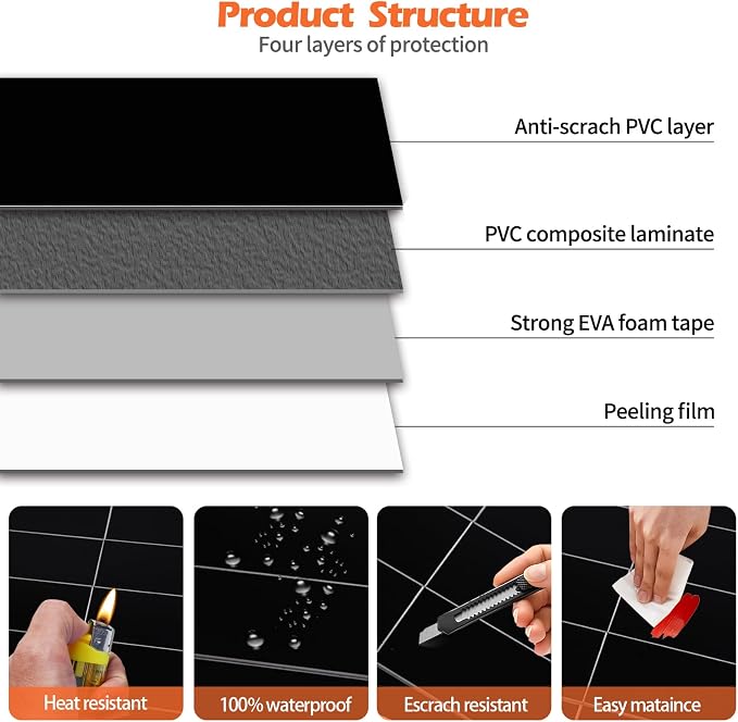 80-Piece Polished Black Thick PVC Peel and Stick Backsplash, 2" x 8" Waterproof Subway Tile Peel and Stick Wall Tiles for Kitchen and Bathroom