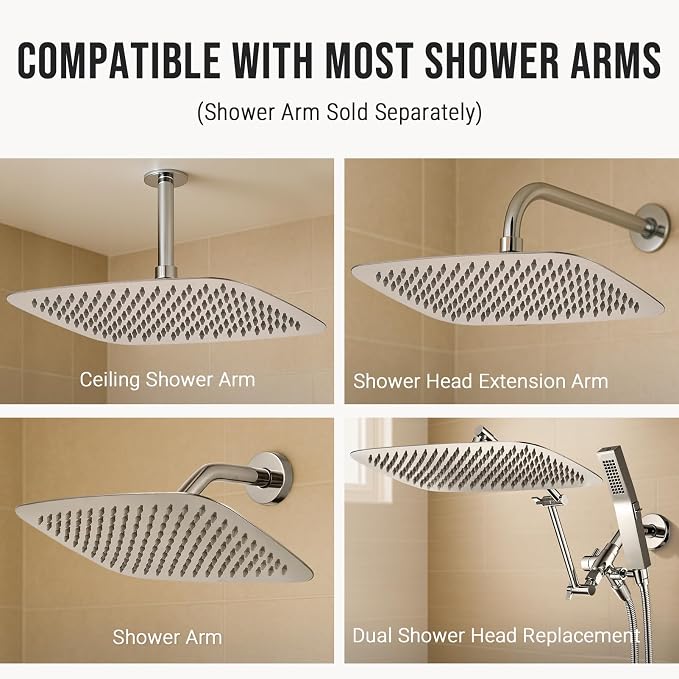G-Promise All Metal 16 Inch Large Rain Shower Head for Ceiling or Wall | Built to Last, Rust Resistant 304 Stainless Steel, Easy to Install, Full Body Coverage Rainfall Shower Head, Daily SPA