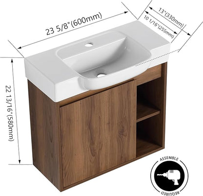 24 Inch Floating Vanity,24" Bathroom Vanity with Sink Combo,Modern Single Sink Bathroom Vanity Combo,Brown Wall Mounted Cabinet Set