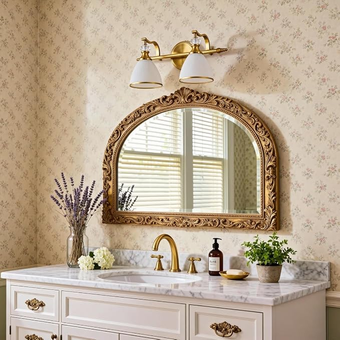 Gold Vanity Light, 2-Light Brushed Gold Bathroom Light Fixtures, Vintage Bathroom Light with Milky White Bell Glass Shades, Eye-Friendly Wall Sconce for Mirror, Kitchen, Bedroom, Hallway