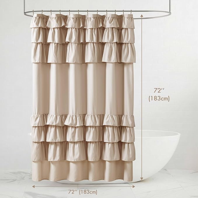 Madison Park Grace Ruffle Shower Curtain for Bathroom, 72"x 72", Beige | Farmhouse Cottage Top, Machine Washable, Shabby Chic Ruffled Decor Fabric, Privacy Screen, Solid Color