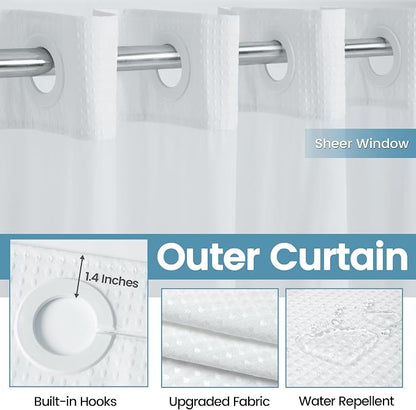 EUTXL Heavyweight No Hook Shower Curtain with Liner, White, 54x74 | Snap in Liner, Thick Waffle Fabric, Hotel Quality, Corner Magnets, Waterproof & Washable
