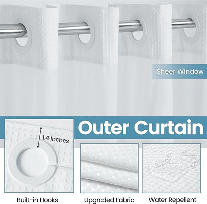 EUTXL Heavyweight No Hook Shower Curtain with Liner, White, 60x74 | Snap in Liner, Thick Waffle Fabric, Hotel Quality, Corner Magnets, Waterproof & Washable