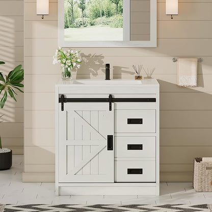 AMERLIFE Farmhouse Bathroom Vanity with Sink Combo, 31in Sliding Barn Door Bathroom Vanity Cabinet Set with Storage Drawers, Metal Handles, Small Single Bath Storage Vanity Sink, Antique White