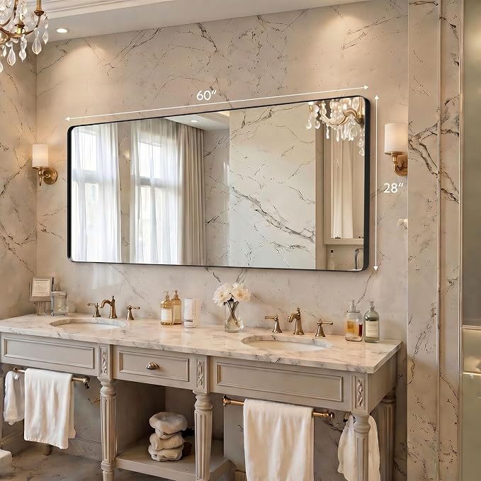 60x28 inch Black Bathroom Mirror Metal Framed Rounded Rectangle | Oversized Wall Mounted Mirror, Anti-Rust, HD Reflection, Tempered Glass, Hangs Horizontally or Vertically