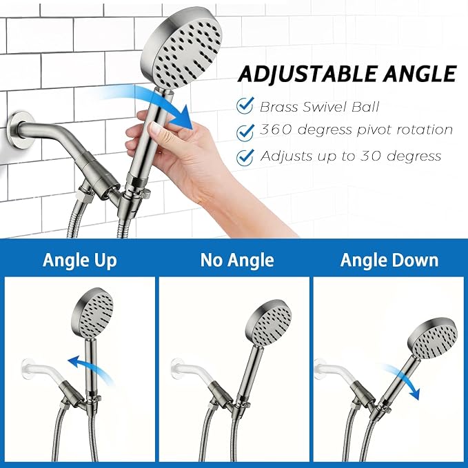 G-Promise All Metal Handheld Shower Head with Shut Off Valve & Long Hose | Built to Last, Water-Saving On/Off Pause Valve, Solid Brass Bracket Holder, 70" to 75" Flexible Stainless Steel Hose