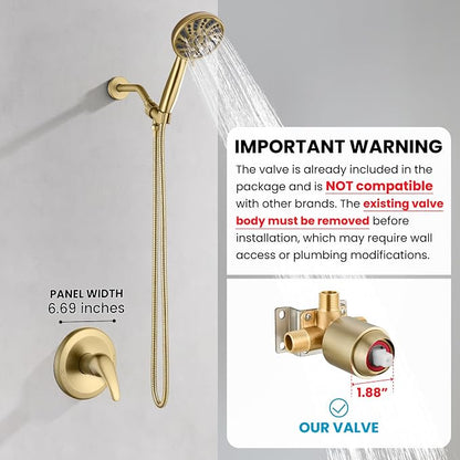 gotonovo Shower Faucet Set with Valve Kit 6 Mode Handheld Brushed Gold | Bathroom Shower Head and Handle Set,6 Modes ABS Handheld Spray,Pressure Balance Valve and Trim Kit Complete,Single-Handle