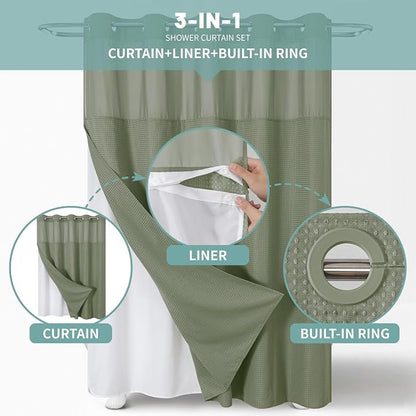 No Hook Waffle Shower Curtain with Snap-in Liner, 60x74 Inch, Sage Green | 230GSM waffle weave fabric, waterproof liner set with 2 bottom magnets, mesh window, washable, for shower stalls or bathrooms
