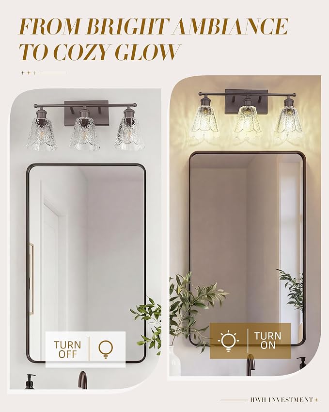 3-Light Bathroom Light Fixtures, HWH Farmhouse Sconce Wall Lighting for Mirror, Modern Wall Sconces with Clear Floral Glass, Oil-Rubbed Bronze Finish, 5HJX110B-3W ORB