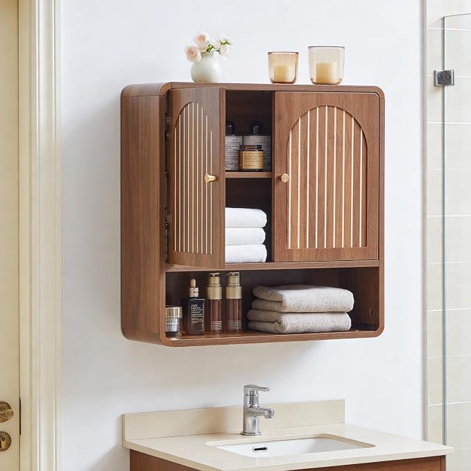 Wall Mounted Storage Cabinet Wood Medicine Cabinet, Over Toilet Organizers | Walnut Over Toilet Storage, Mid-Century Bathroom Wall Cabinet with Adjustable Shelf & Door for Bathroom Laundry Room Kitchen