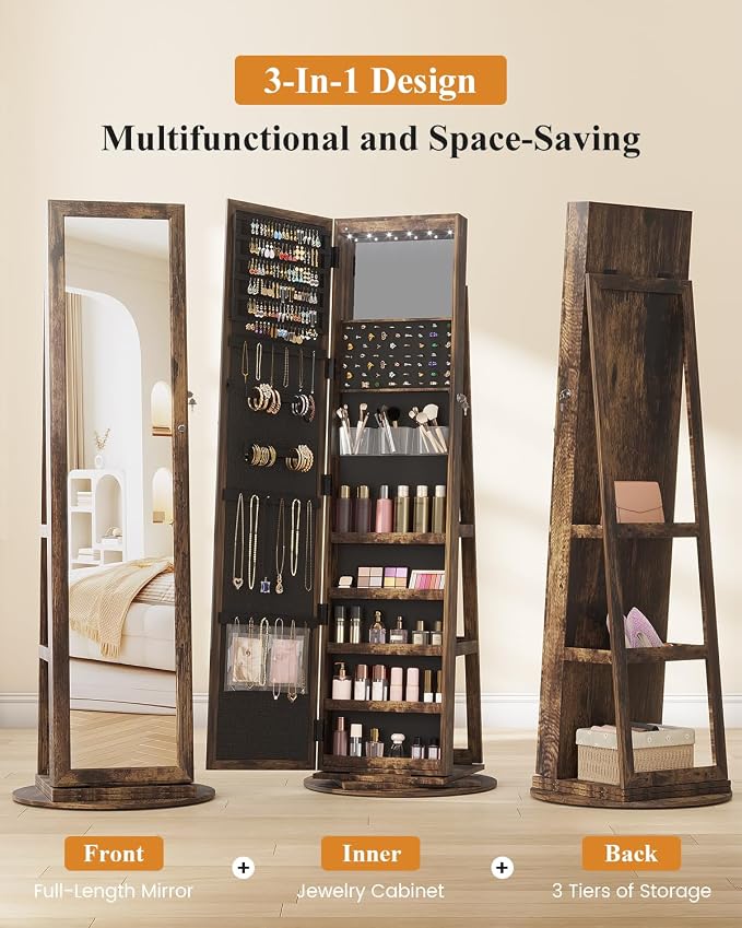 LVSOMT LED Jewelry Cabinet Standing, 360° Swivel Jewelry Armoire, Brown | Full Length Mirror with Storage, 3 Rear Shelves, Internal Mirror, 3 Color Lights, Lockable for Bedroom, Women Girls Gift