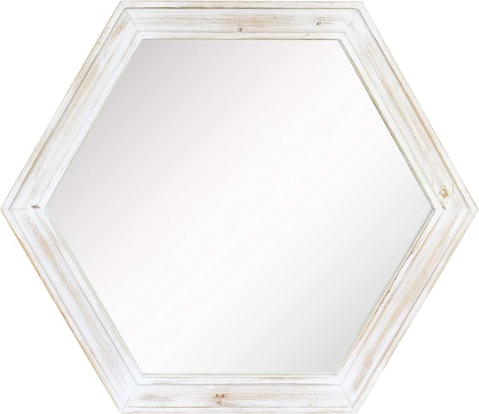 Stonebriar Decorative 24" Hexagon Wall Mirror with Worn White Wood Frame and Attached Hanging Bracket, Decorative Country Rustic Decor for the Living Room, Bedroom, Bathroom, Hallway, and Entryway
