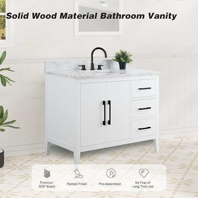 HomeBeyond 42 Inch Bathroom Vanity with Sink & Ceramic Top, Single Vanity Cabinet with Basin, Soft-Closing Doors & Matte Black Hardware, White