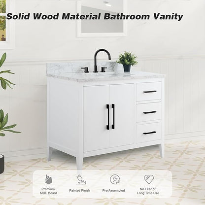 HomeBeyond 42 Inch Bathroom Vanity with Sink & Ceramic Top, Single Vanity Cabinet with Basin, Soft-Closing Doors & Matte Black Hardware, White