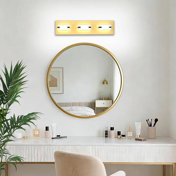 LED Bathroom Light Fixtures, 3-Light Modern Vanity Lights with Milky White Frosted Acrylic Shades, Gold Bathroom Lighting Fixtures Over Mirror, ETL Listed, 20W 5CCT Adjustable