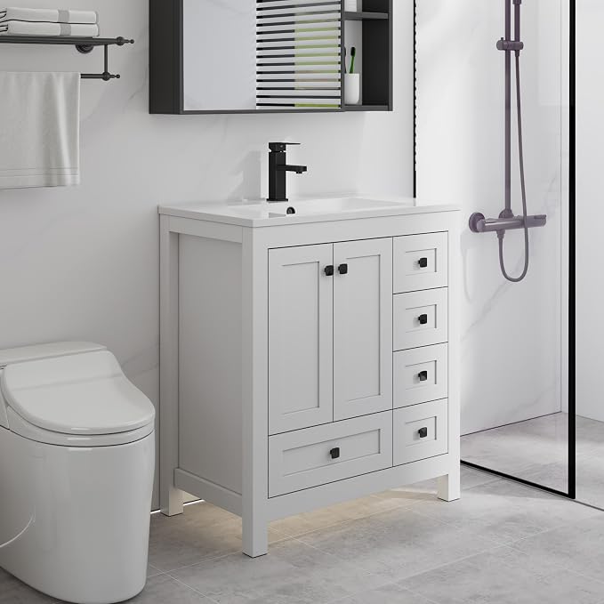 LUCKWIND 30" Bathroom Vanity and Sink Combos, Modern Bathroom Storage Painted Cabinet with Undercounter Resin Single Sink Top, Matte Black Faucet and 5 Drawers, Mirror Not Included, White