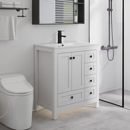 LUCKWIND 30" Bathroom Vanity and Sink Combos, Modern Bathroom Storage Painted Cabinet with Undercounter Resin Single Sink Top, Matte Black Faucet and 5 Drawers, Mirror Not Included, White