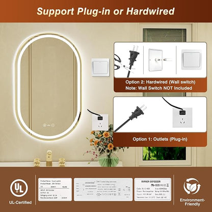 22x36 Inch Oval Gold Framed LED Bathroom Mirror with Lights,Smart Bathroom Mirror,Motion Sensor,Tempered Glass,Anti-Fog,Stepless Dimmable & 3 Colors,Memory,Vanity Mirror for Wall