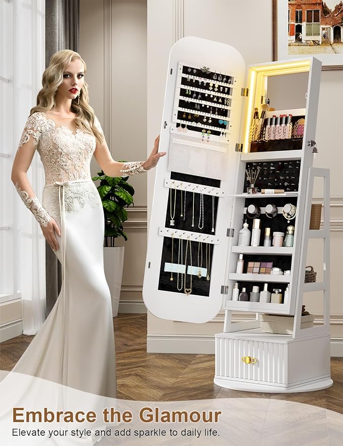 Jewelry Armoire with RGB Vanity Mirror and Foldable Makeup Shelf - White | SKKTKT Standing Jewelry Armoire - RGB Vanity Mirror, Rotating Storage and Foldable Makeup Shelf