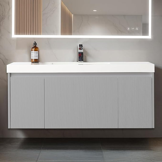Blossom Wall Mounted 48 Inch Bathroom Vanity with Sink | All Wood Floating Bathroom Vanity Cabinet with Acrylic Sink, Soft-Close Drawer, Modern Minimalist Style Vanities for Bathroom (Light Grey)