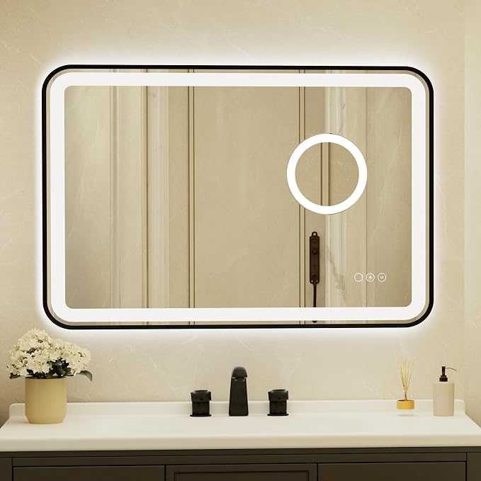 24x36 Inch Black Framed LED Bathroom Mirror with Lights,Magnifying Tempered Glass, Dimmable Lighted Bathroom Vanity Mirror with 3 Colors, Backlit + Frontlit,Anti-Fog