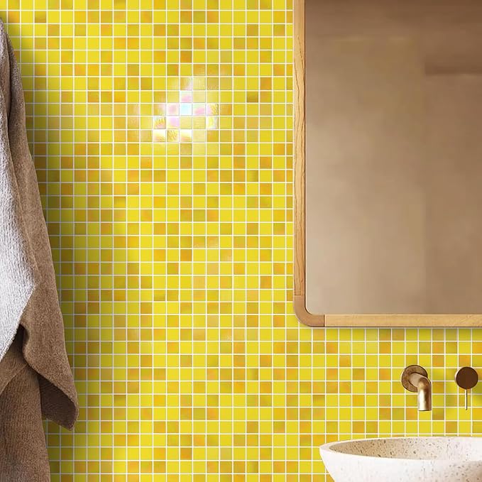 11.5 sq.ft Yellow Glass Mosaic Tile for Bathroom, Pool, Kitchen Backsplash | Waterproof Wall & Floor Tile. Heat & frost resistant outdoors. Mesh-mounted easy install. Use any grout. Easy clean. 10pcs.