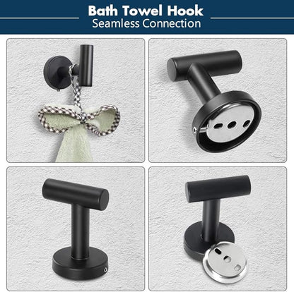 TocTen 5 PCS Bathroom Hardware Set SUS304 Stainless Steel-Towel Rack Set Include Lengthen Hand Towel Bar+Toilet Paper Holder+3 Robe Towel Hooks Bathroom Accessories Towel Bar Set(Matte Black,16IN)