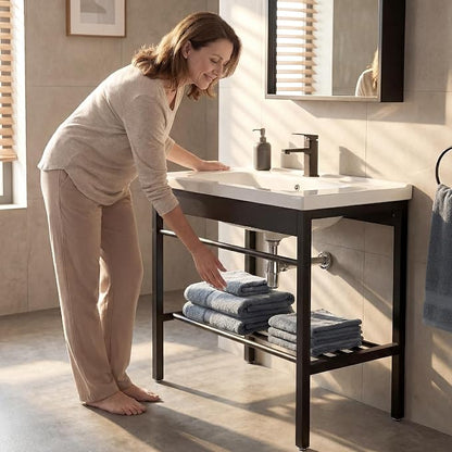 Freestanding Bathroom Console Sink, Bathroom Vanity with Sink, 28.3" x 19" x 32.3" Ceramic Console Sink Set With Bracket, Utility Sink for Laundry Room, Washing Room, Garage, Basement, Outdoor, Indoor | 19" x 28.3" x 32.3" Ceramic Console Sink with Bra...