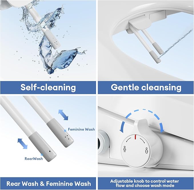 Electric Bidet Toilet Seat Adjustable Warm Water & Dryer Slow Close Heated Toilet Seat Smart Self Dual Cleaning Elongated Night Light D500