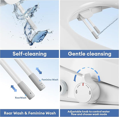 Electric Bidet Toilet Seat Adjustable Warm Water & Dryer Slow Close Heated Toilet Seat Smart Self Dual Cleaning Elongated Night Light D500