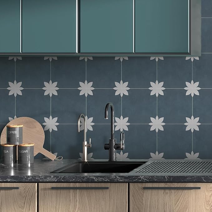 16-Sheet Peel and Stick Floor and Wall Tile for Bathroom Kitchen, 9" x 9" Blue Flower SPC Self-Adhesive Vinyl Flooring Patterned Groutable Backsplash Tile, Covers 9.12 Sq Ft.