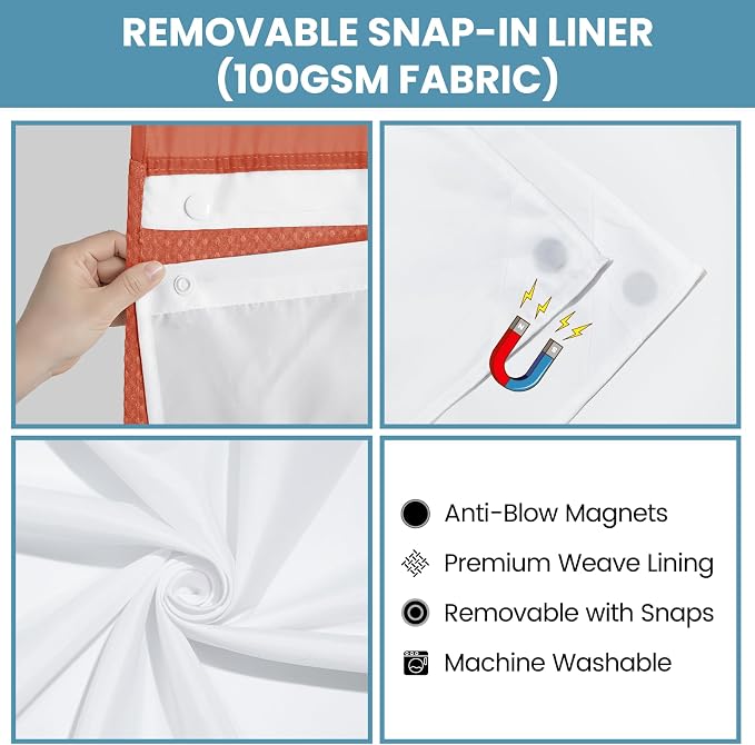 SORTTO No Hook Shower Curtain with Snap in Liner Set Waffle Shower Curtain for Bathroom Hotel Style Fabric Waterproof Inner Liner，71" W x 74" H, Burnt Orange