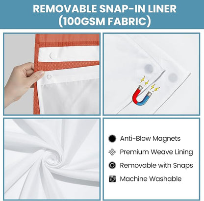 SORTTO No Hook Shower Curtain with Snap in Liner Set Waffle Shower Curtain for Bathroom Hotel Style Fabric Waterproof Inner Liner，71" W x 74" H, Burnt Orange