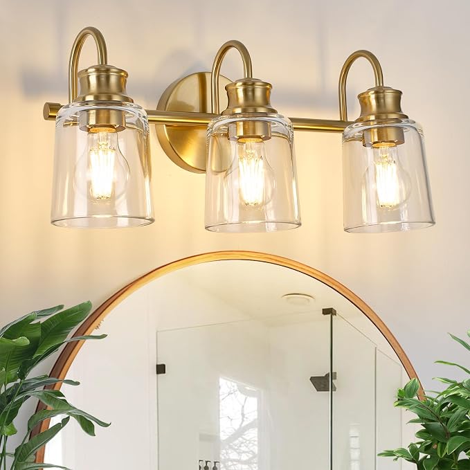 3 Lights Bathroom Light Fixtures Modern Gold Vanity Lights | ETL Certificate, Easy to Install,Wall Mount Up or Down,Thickened Glass Lampshade,E26 Socket,Hardwired