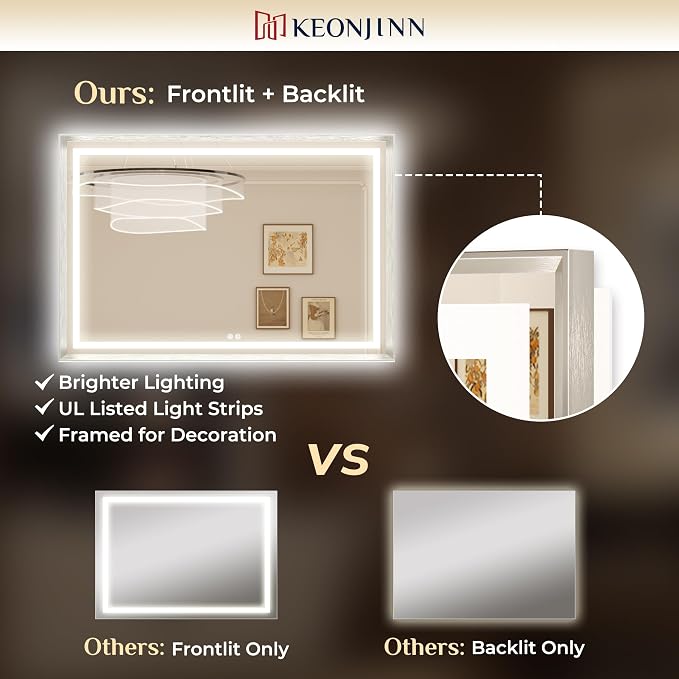 Keonjinn 22x30 Inch Nickel LED Bathroom Mirror with Lights, Beveled Edge | Frontlit & Backlit, Lighted Bathroom Mirror, HD Tempered Glass, 3 Color Temperatures, Anti-fog, Stepless Dimmable