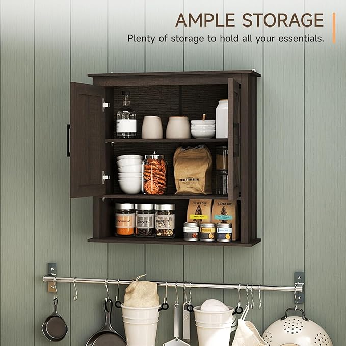 HollyHOME Bathroom Wall Cabinet, Farmhouse Barn Door Wood Medicine Cabinet with Adjustable Shelves, Wall-Mounted Over-The-Toilet Storage, Dark Brown
